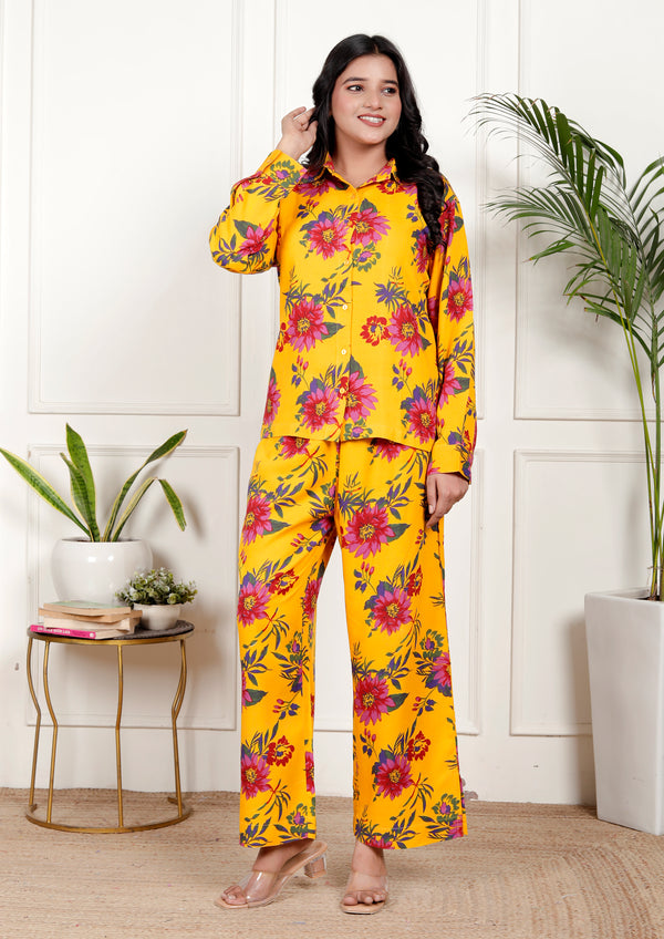 Yellow Floral  Shirt Style Co-ord Set